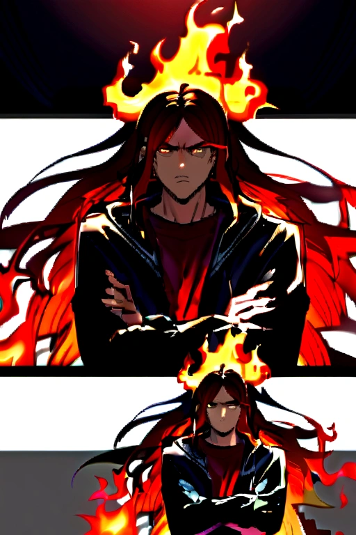 Teenage boy, serious face, tidy hair, long hair, hair with bangs covering the left eye, multicolored black and red hair, crossed arms, dark red shirt, baggy black red coat with details, fiery aura 