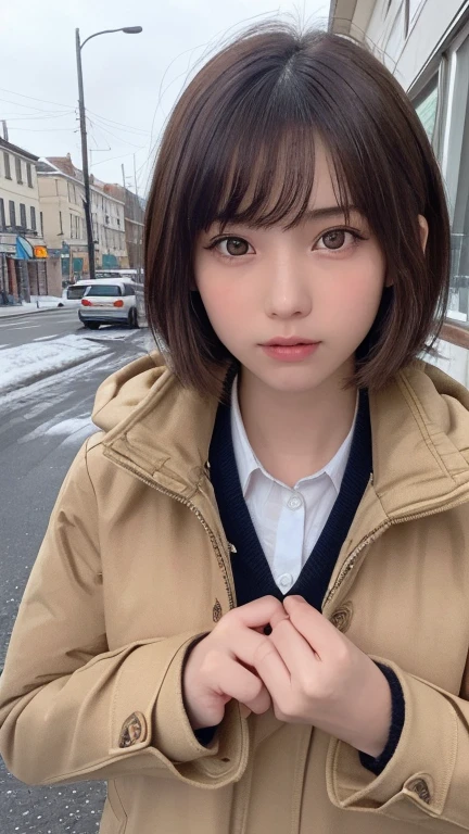 One Girl, (beautiful girl, Delicate girl:1.3), (:1.3),
break, (Winter coat:1.3),
break, Exceptional clarity, (Symmetrical eyes:1.3),
break, (Street Snap:1.3), perfectly trimmed fingers,
break, Small breasts, Brown eyes, Parted bangs, Brown Hair,
break, (Eye and facial details:1.0),
break, (masterpiece, Highest quality, Very detailed, Detailed face, 8K)