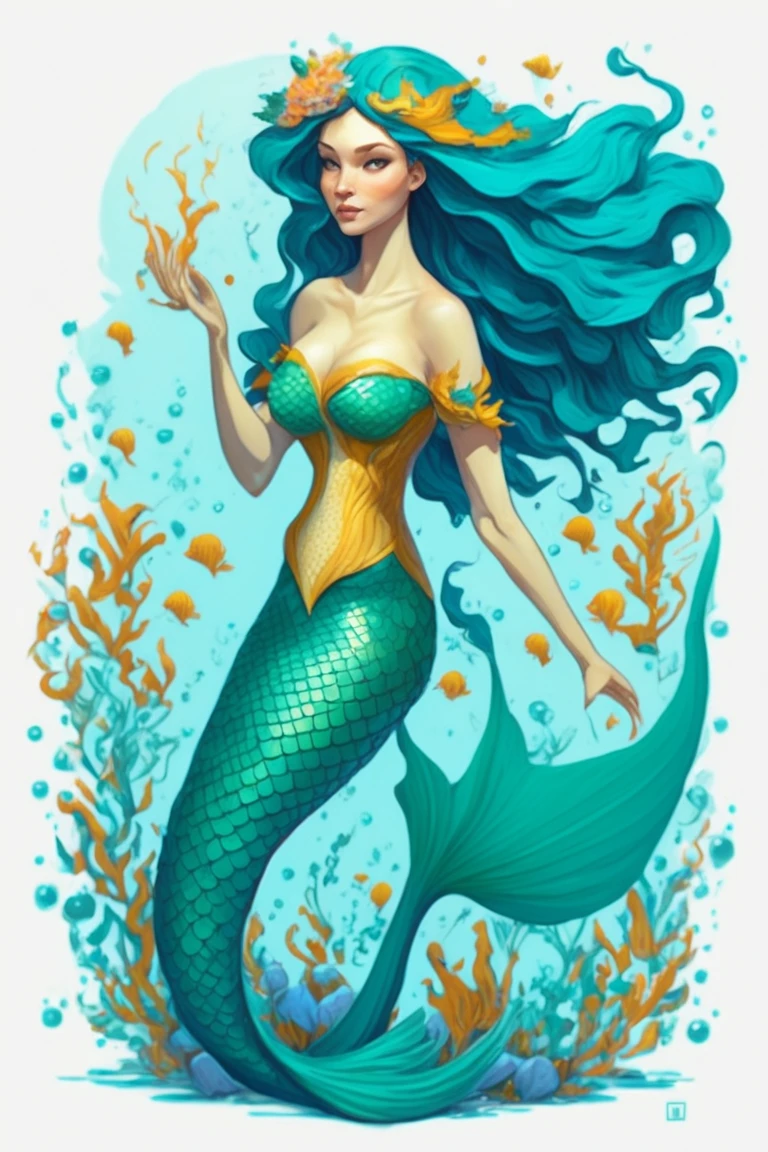 Leonardo Style, illustration, mermaid, best qualityer, dynamic poses, illustration, dynamic arms
