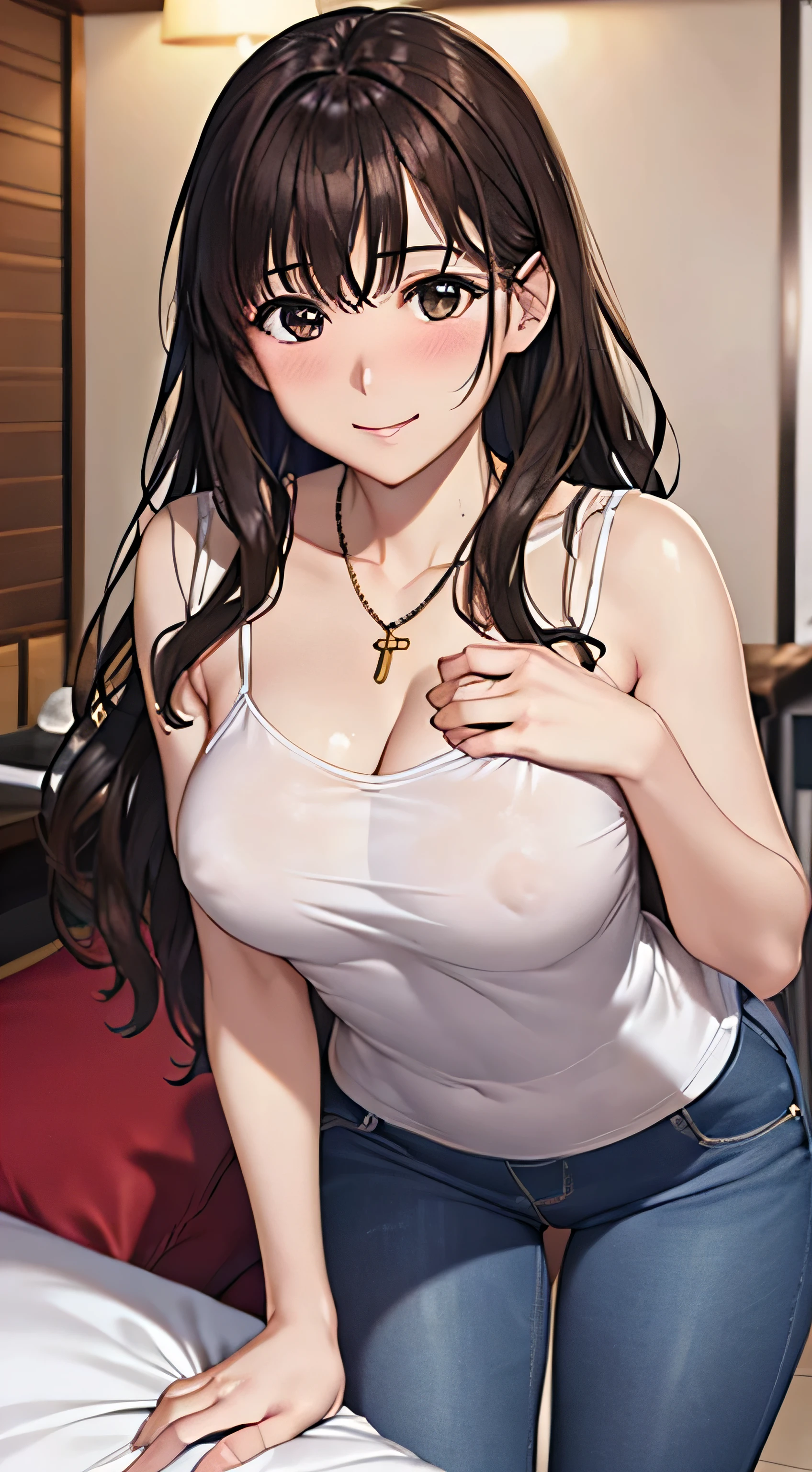 ((Tabletop, Highest quality, High resolution, , Pixel Perfect, 4K,))), 1 female, 、The whole body is visible、 ((Long Wavy Hair, bangs, Brown Hair)), ((Brown eyes, Beautiful eyelashes, Realistic eyes)), ((Detailed face, Blushing:1.2)), ((Smooth texture:0.75, Realistic texture:0.65, Realistic:1.1, Anime CG Style)), Medium sized breasts, Soft 、Dynamic Angle, Perfect body, (( , , White camisole、No bra、、 Tight jeans pants、、)), Gold Hair Ornament、Cross Necklace、、Very embarrassing panic smile, 、、、、、、Nipples are slightly visible、Leaning forward、、、、Hotel Bedroom、、、、、、 、)、
