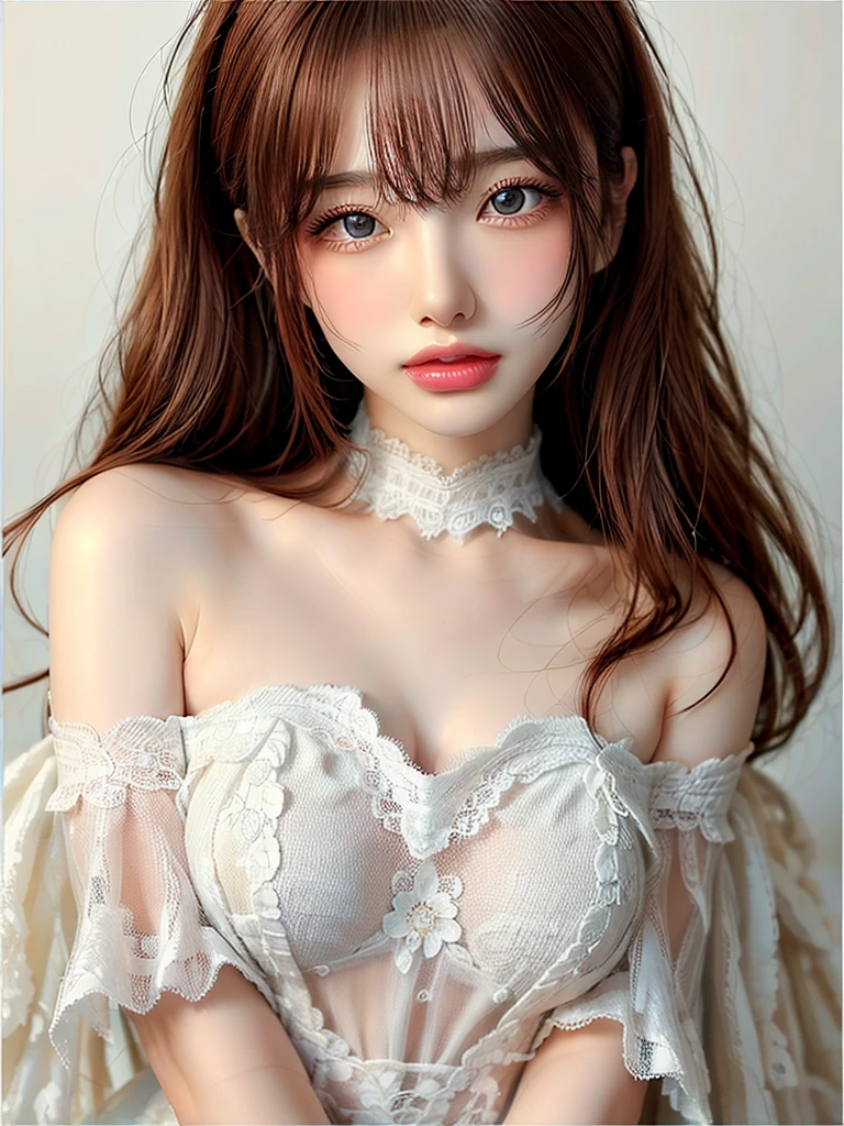 ((Highest quality)),(超A high resolution),(Very detailed),(Detailed Description),((The best CG)),(masterpiece),Very detailedなアート、Very beautiful and beautiful woman、Small breasts、(((Whitening 1.5)))、Clear skin quality、(((Whitening 1.5)))White lace dress、Off the shoulder、White background、Professional Lighting、Cinema lighting、Mid-shot photo、