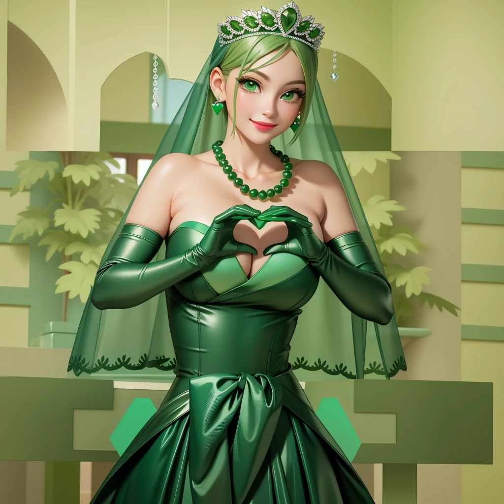 Emerald tiara, Green Pearl Necklace, ボーイッシュな非常に短いGreen Hair, Green Lips, Smiling Japanese woman, Very short hair, Busty beautiful lady, Green Eyes, Green satin long gloves, Green Eyes, Emerald Earrings, Green veil, Heart with both hands, Green Hair, Beautiful Japanese Women, Heart shaped hands:1.3, green lip gloss