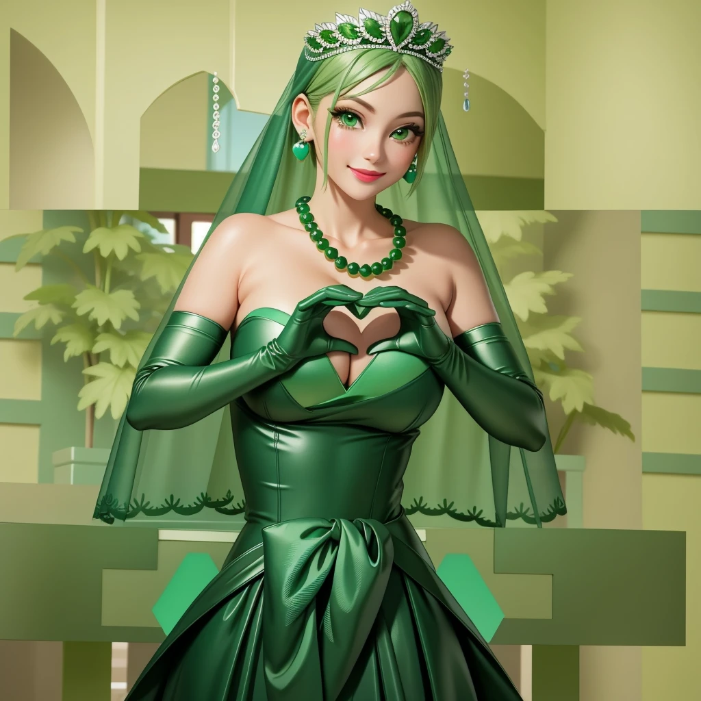 Emerald tiara, Green Pearl Necklace, ボーイッシュな非常に短いGreen Hair, Green Lips, Smiling Japanese woman, Very short hair, Busty beautiful lady, Green Eyes, Green satin long gloves, Green Eyes, Emerald Earrings, Green veil, Heart with both hands, Green Hair, Beautiful Japanese Women, Heart shaped hands:1.3, green lip gloss