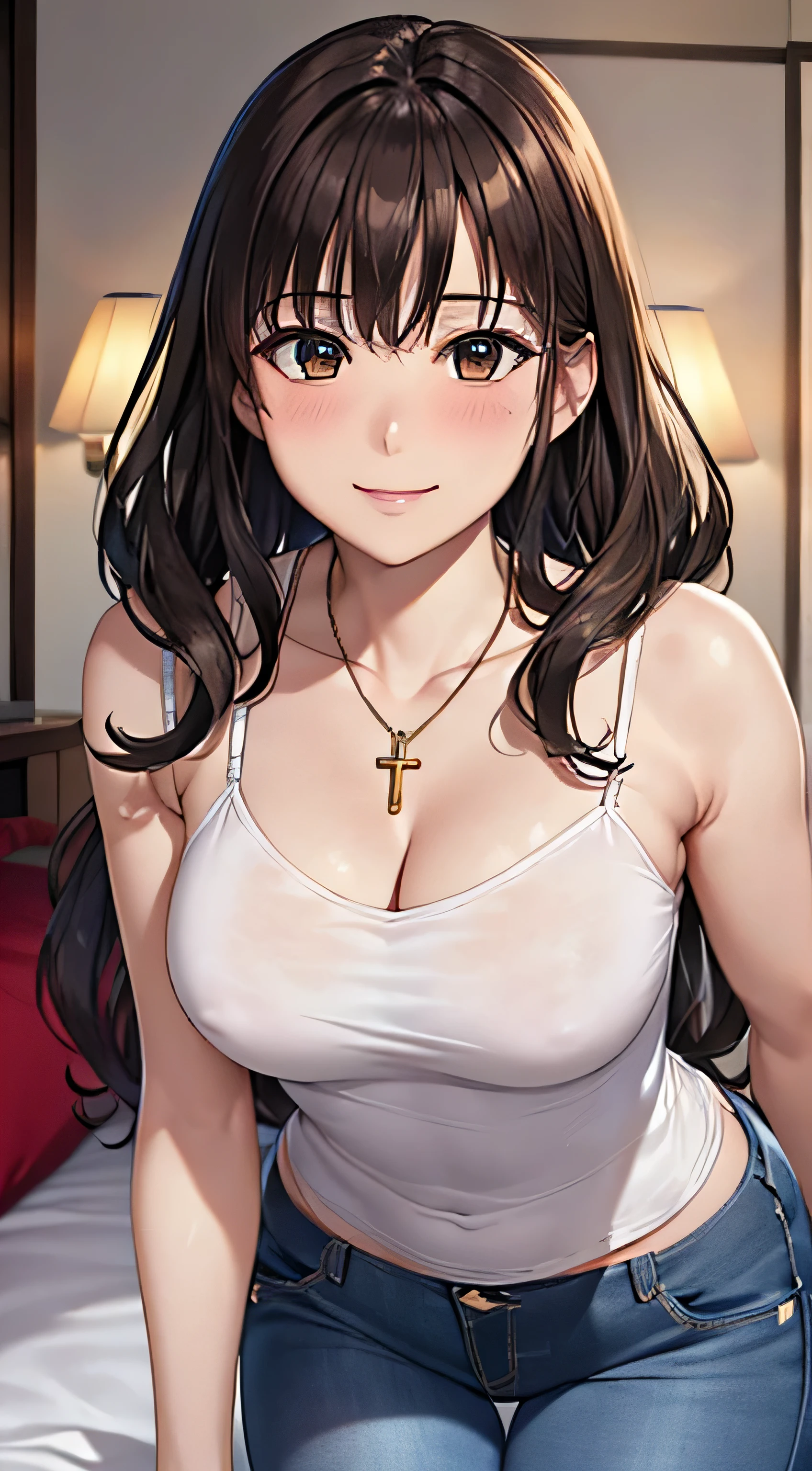 ((Tabletop, Highest quality, High resolution, , Pixel Perfect, 4K,))), 1 female, 、The whole body is visible、 ((Long Wavy Hair, bangs, Brown Hair)), ((Brown eyes, Beautiful eyelashes, Realistic eyes)), ((Detailed face, Blushing:1.2)), ((Smooth texture:0.75, Realistic texture:0.65, Realistic:1.1, Anime CG Style)), Medium sized breasts, Soft 、Dynamic Angle, Perfect body, (( , , White camisole、No bra、、 Tight jeans pants、、)), Gold Hair Ornament、Cross Necklace、、Very embarrassing panic smile, 、、、、、、Nipples are slightly visible、Leaning forward、、、、Hotel Bedroom、、、、、、 、)、