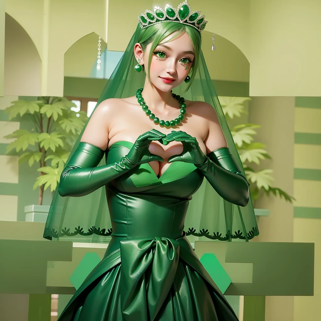 Emerald tiara, Green Pearl Necklace, ボーイッシュな非常に短いGreen Hair, Green Lips, Smiling Japanese woman, Very short hair, Busty beautiful lady, Green Eyes, Green satin long gloves, Green Eyes, Emerald Earrings, Green veil, Heart with both hands, Green Hair, Beautiful Japanese Women, Heart shaped hands:1.3, green lip gloss