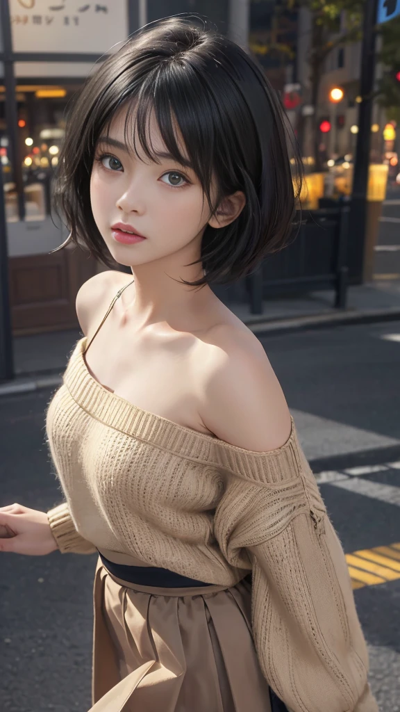 , Long winded [Blue-black:.3] hair,View your viewers, (masterpiece:1.3), (8K, Realistic, RAW Photos, Highest quality: 1.4), Japanese, (One girl), Beautiful Face, (Realistic Face), (black hair, short hair:1.3), beautiful hairstyle, Realistic eyes, Beautiful attention to detail, (Realistic Skin), Beautiful Skin, Charm, Ultra-high resolution, Ultra-realistic, Very detailed, Golden Ratio, She is wearing a beige, fluffy, loose, one-shoulder sweater., Are standing, Open Stance, Model pose, Checked skirt, Super detailed, Sharp focus, Ultra-sharp images,