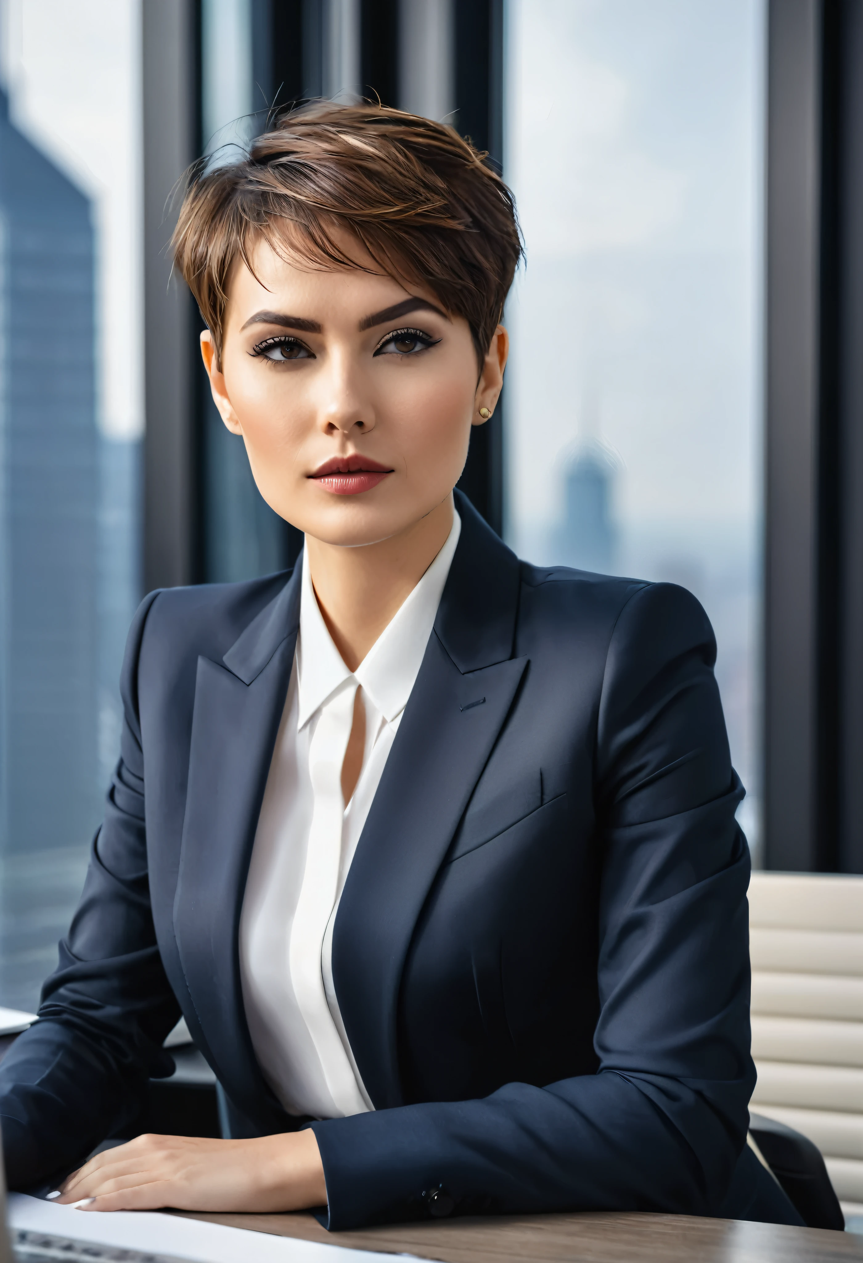 Important Leader, young boss, sitting at a chic desk in a modern office, dressed in a formal suit, outside the windows there is a metropolis. thin face, short haircut