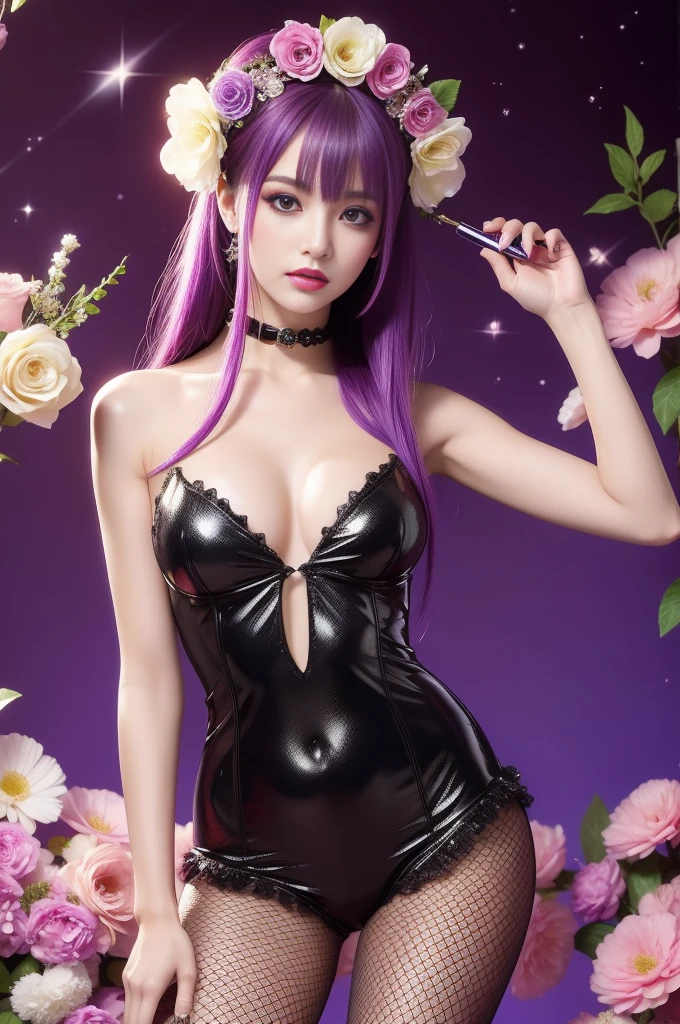 sexy Italian model who controls poison、lipgloss、intense makeup、look at the camera、full body Esbian、、sparkling poisoned flower costume、、、、shiny sparkling multicolor hair、secrete poison、skull hair accessories、 fishnet tights、shiny sparkling flowers background