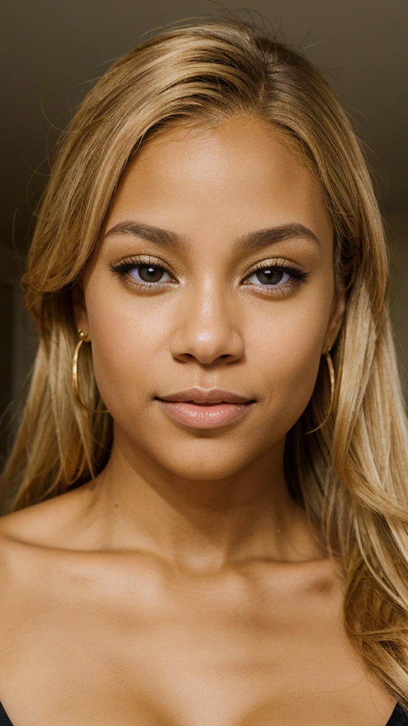 light skin biracial woman with golden blond hair and light brown eyes