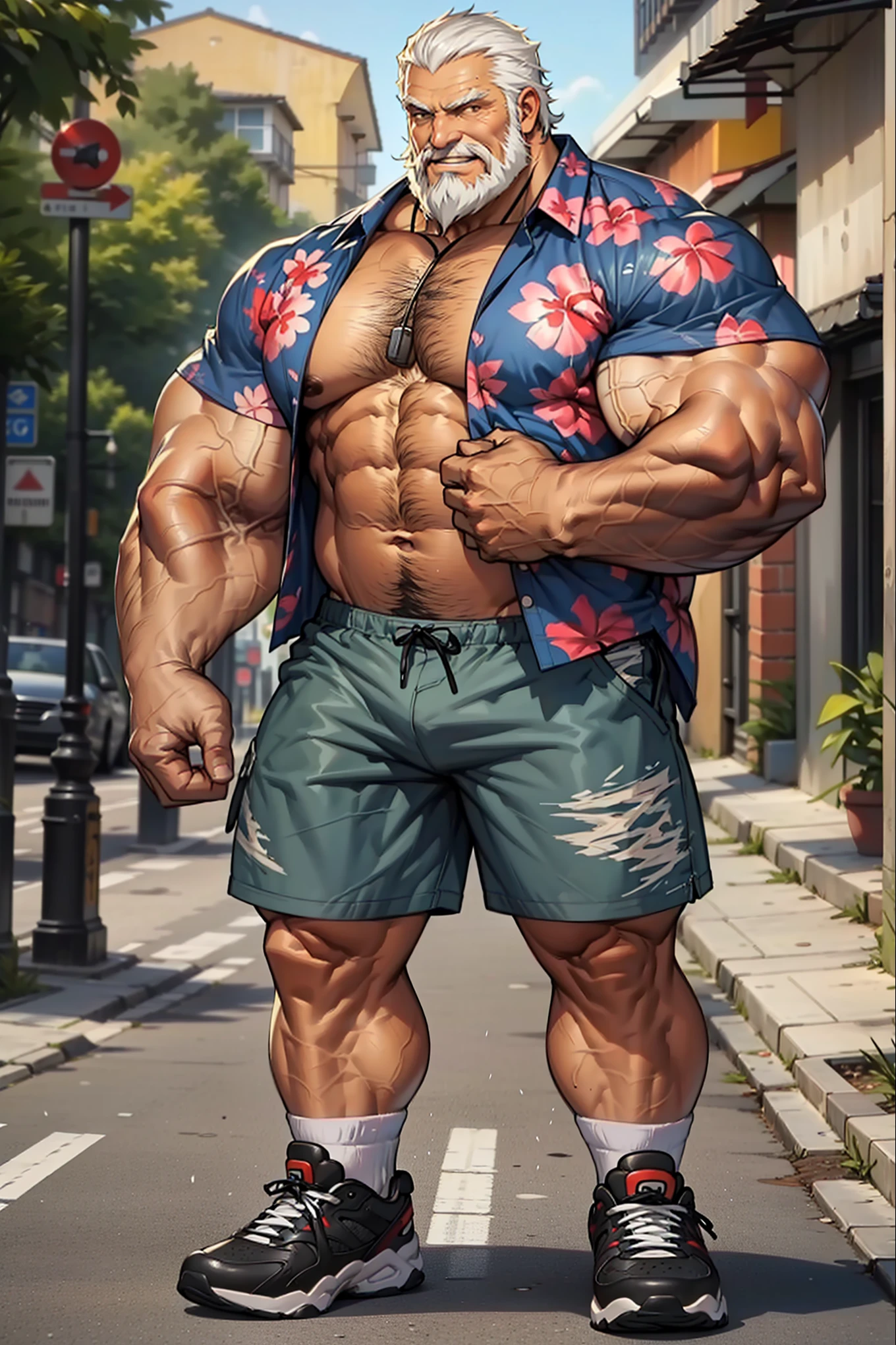 Huge muscular old man in street old man, bearded. white hair and beard, bearded, muscular, smile, pectoral, wide pectoral, thick arms, massive muscular, realistic, 8k, masterpiece, semi realistic:1.2, (wearing shorts and Hawaiian shirt:1.2, shoes)