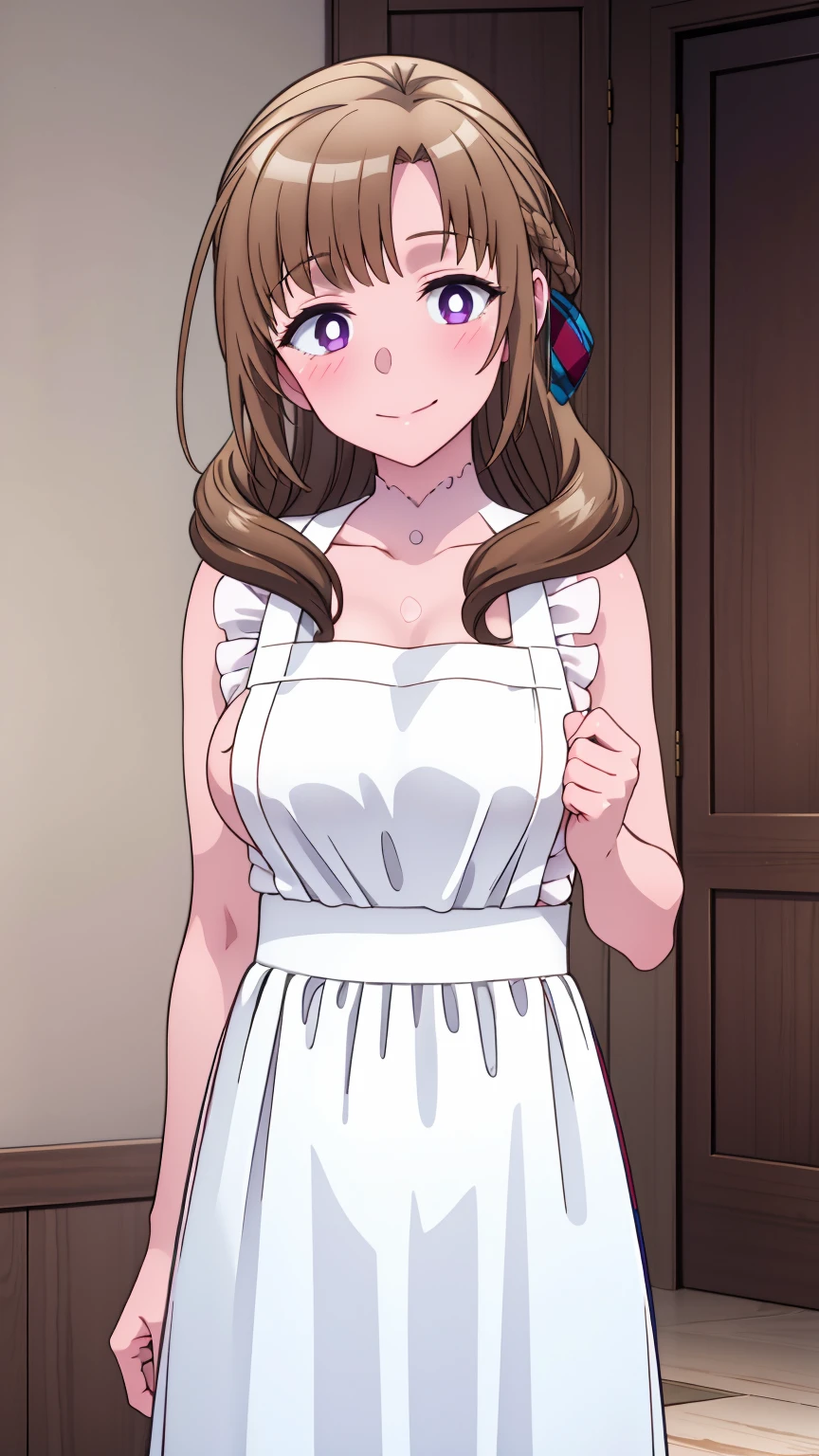 masterpiece, (best quality), 8k uhd, girl, (mamako oosuki), (naked),brown hair, long hair, (hair down), purple eyes, mature female, white shirt, pants, sweater, big breasts, ribbon, sexy woman, smile, (suspender naked apron), apron only,embarrassed, blush,  bare shoulders, vibrant colors , natural lighting, beautiful, (detailed face:1.2), showcase, (perfect eyes:1.1) , (photorealistic:1.1),  looking at viewer, outdoors