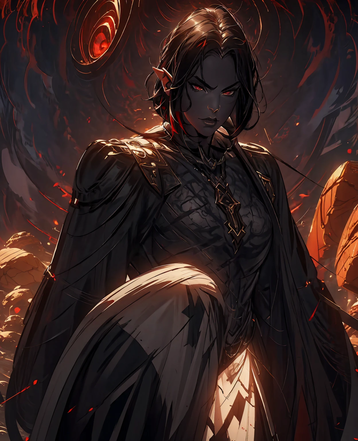 a devilish woman with black hair,pale skin,red eyes,elf-like costume,dark mysterious setting,detailed facial features,highly detailed,photorealistic,dramatic shadows,dramatic lighting,deep saturated colors,gothic fantasy,chiaroscuro,conceptart,digital painting,octane render,cinema4d