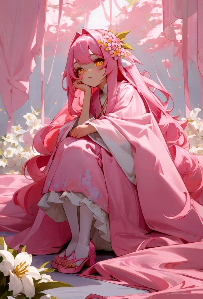 full-length, baby girl, sitting on her knees, long pink hair, hair shimmering in a pink and white robe, bright yellow eyes, flowers on her dress and in her hair