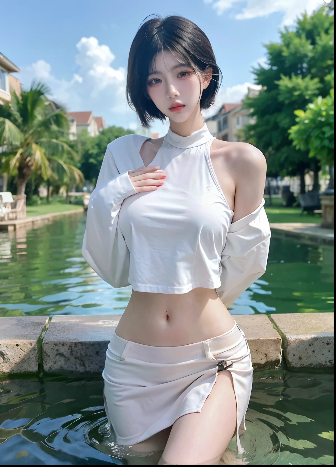 Beautiful woman with perfect figure:1.4，Ultra-high resolution，White legs，Put your hands behind your back，Swimming background，Big breasts：1.6，（Realism:1.4)，perspective，Layered hairstyle，Snow white skin，JK:1.5，Super short pleated skirt，whole body：1.4，Very delicate and skin texture，Double eyelids，Skin Whitening，Long hair，White hair
