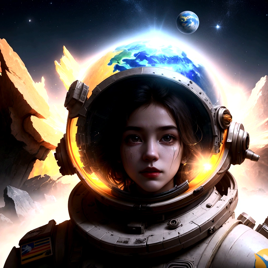 A captivating post-apocalyptic artwork by André Uhlisch featuring humans in otherworldly cosmonaut helmets and bright yellow rubber suits. They gracefully float, surrounded by an array of vibrant planets and celestial bodies, each with unique colors and textures. The scene is imbued with a sense of hope, as the women embody the delicate balance between life's fragility and the unwavering spirit of hope. A striking light source illuminates the artwork, casting dramatic shadows and highlighting the vivid colors. The background showcases the destruction, while the women's presence symbolizes the resilience of life in the face of adversity.