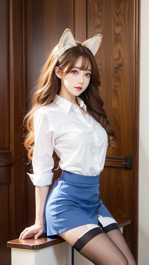 Woman with ,golden curly hair,Blue eyes,white fox ears,in a shirt, skirt and stockings