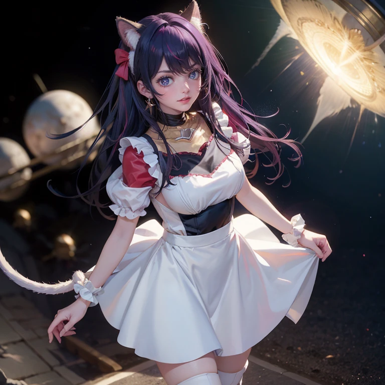 1girl, Ai Hoshino_(Oshi no Ko), centered girl, perfectly body, perfectly hands, solo, jewelry, magenta roses, rabbit jewel on her hair, ornament hair, twintails, rabbit jewel on her hair, purple hair, long hair, solo, white maid dress, jewelry, purple hair, flowing hair, long hair, maid dress with a short skirt and layers, white laces, white boots, white dress with transparency, gold details on her clothes, cat ears, animal ears, more details, perfectly body, perfectly hands, two hands, two legs, two arms, five fingers, glowing hair, best quality, cat ears, animal ears, white gloves, cat tail, alone, maid headdress, choker, detached sleeves, maid dress, maid white dress, strapless, masterpeice, best quality, detailed face, night, asymmetrical gloves, bangs, white short skirt , earrings, elbow gloves, fishnet thighhighs, fishmasterpeice, solo, best quality, detailed face, hair between eyes, jewelry, looking at viewer, single earring, sky, sleeveless, solo, thigh boots, thighhighs, tongue, tongue out, uneven gloves, cat ears, animal ears, cat tail, solo, alone, Looking at the viewer, magenta roses on her hair, space scenery, maid, maid dress, magenta details, maid headdress, maid apron, purple hair, long hair, seat on the Saturn rings, more details on her clothes, gold details on her clothes, space, smiling, standing her hand to a viewer, looking at the viewer, in the background a several asteroids glowing with fiery auras, Dramatic lighting from distant stars and planets illuminates the scene, looking at the vast and mysterious universe, cowboy shot, upper body portrait, more details, sparkle
