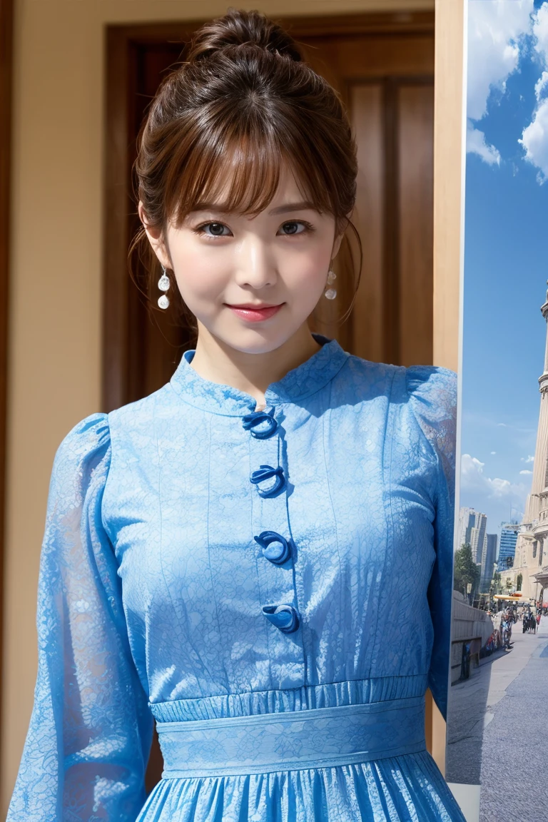 Medium Size Display, Medium Shot, Written boundary depth, Photograph the whole body, Movie angle,Action pose、masterpiece, Highest quality, Very detailed, CG, 8k wallpaper, Beautiful Face, Delicate eyes, Otome, alone, smile, cute、Sky blue patterned dress