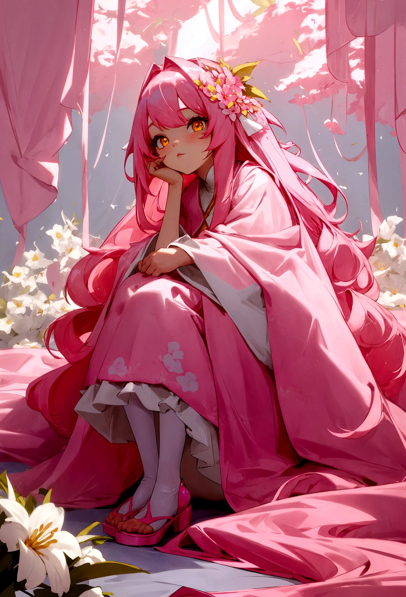 full-length, baby girl, sitting on her knees, long pink hair, hair shimmering in a pink and white robe, bright yellow eyes, flowers on her dress and in her hair