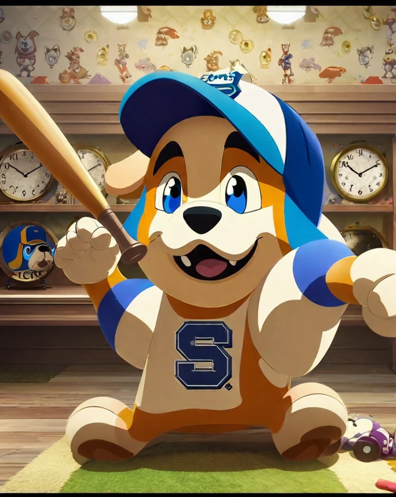 Wearing a baseball cap、Cartoon Dog Holding a Baseball Bat, centerede, centerd, CG Render, center, Cinematic, cartoon network stillframe, Official Fan Art, Created with Illustrator, Official Art, wallpaper!, centerframe, Sports team mascots, center of image, CG Nation, Coherent makeup, character, Games and Clocks, Cel shade!!!