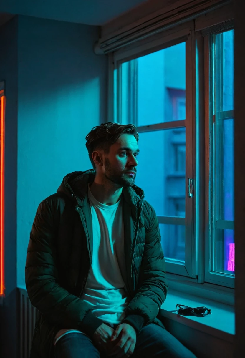 A single man, 30 years old, is waiting in the apartment, near the window, neon light from the street