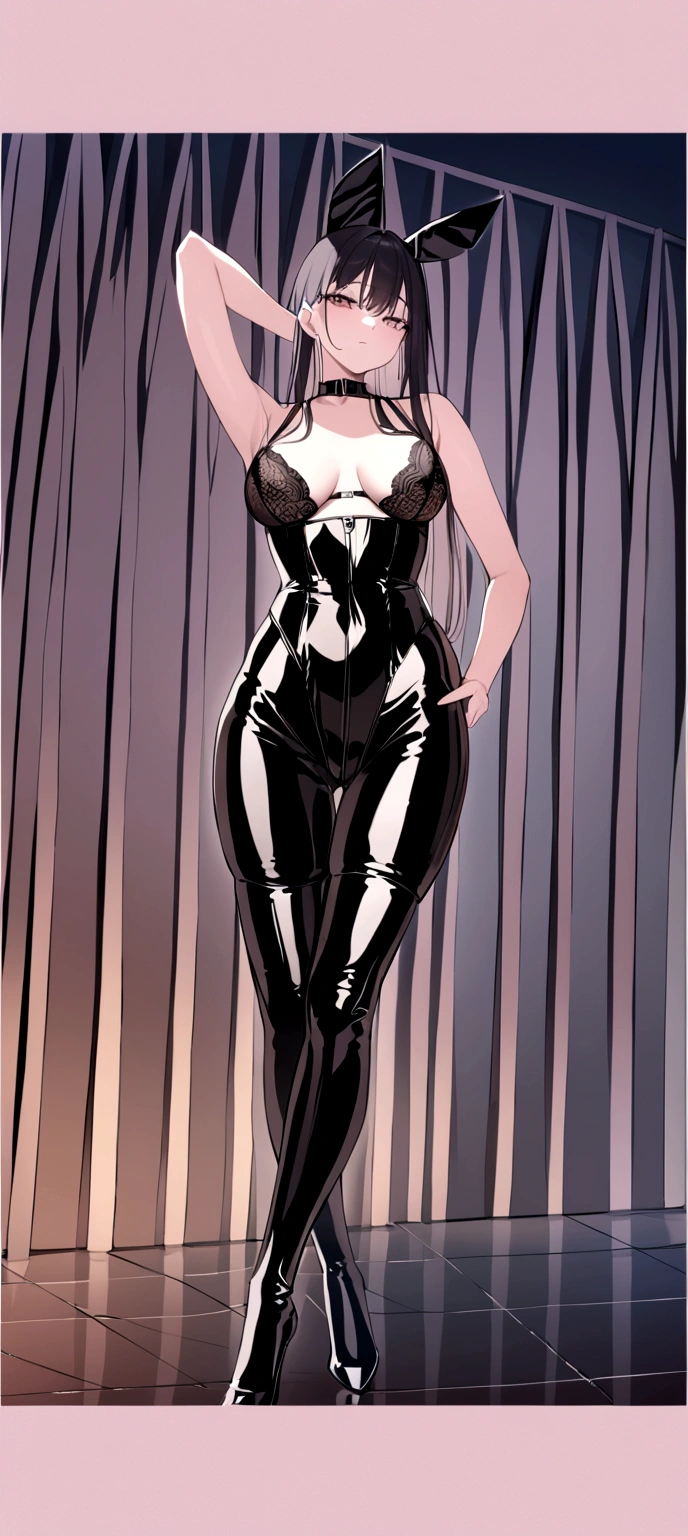 there is a woman in a black lingerie posing for a picture, Skin-tight black bodysuit, captivating and mesmerizing, Complex Wet Latex Suspenders, wearing a black bodysuit, captivating and mesmerizing, wearing Black latex outfit, Lace Lingerie, Sheer black lingerie, Wearing a leather corset, Black latex, The whole body is visible, Complex latex set, Very tight corset