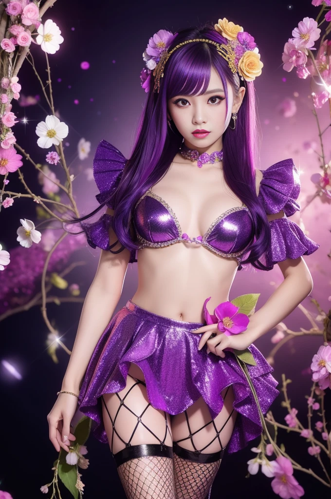 sexy Thai model who controls poison、lipgloss、intense makeup、look at the camera、full body Esbian、、sparkling poisoned flower costume (purple)、、、、shiny sparkling multicolor hair、secrete poison、skull hair accessories、fishnet tights、shiny sparkling flowers background