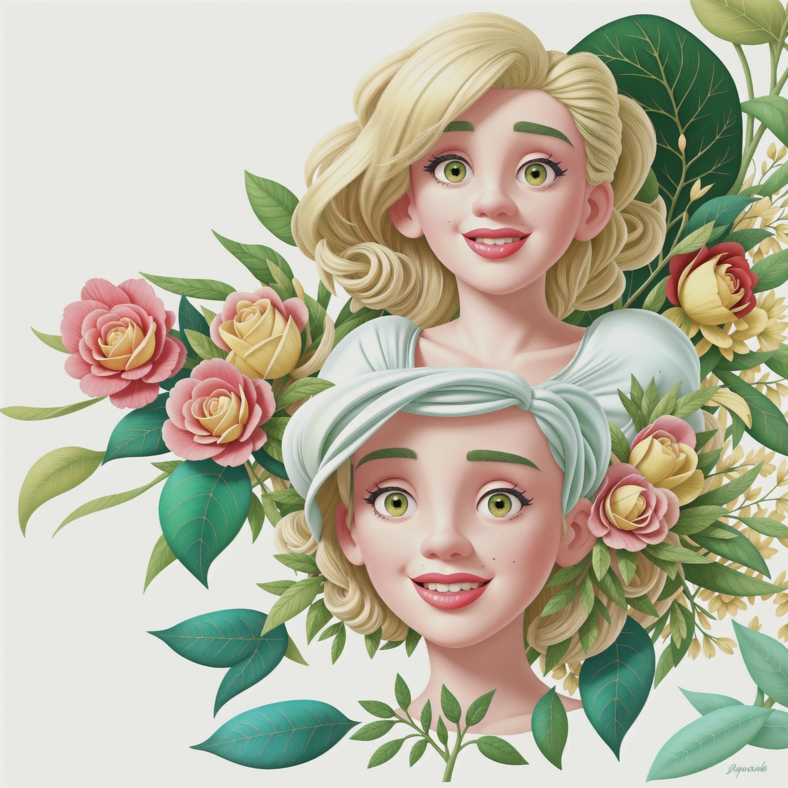 Marilyn Monroe, vintage style, hyper detailed with botanical elements, line designer, Digital illustration, heavy ink, Maximalist botany. A beautiful and aesthetically pleasing illustrative masterpiece, post-editing with Topaz AI.