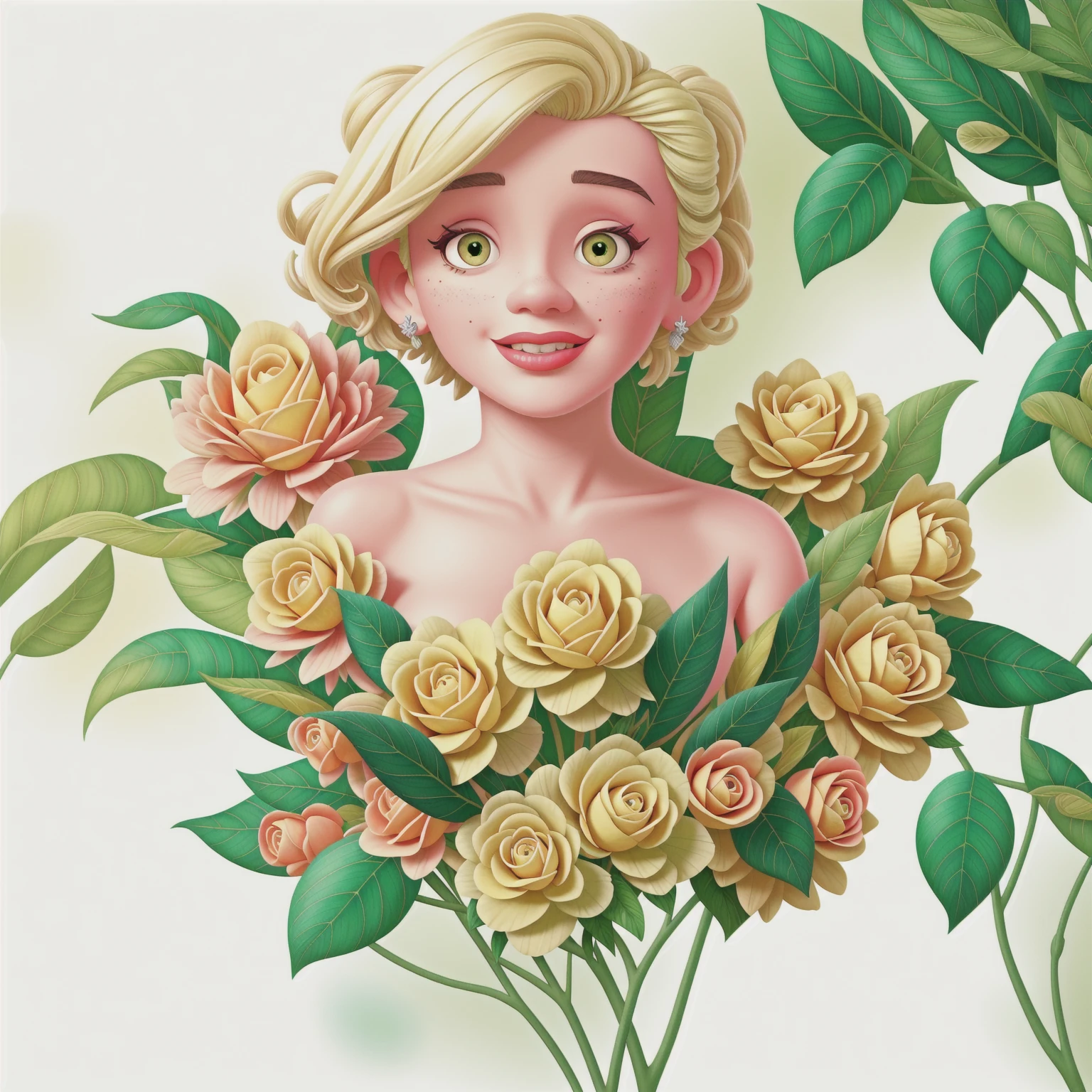 Marilyn Monroe, vintage style, hyper detailed with botanical elements, line designer, Digital illustration, heavy ink, Maximalist botany. A beautiful and aesthetically pleasing illustrative masterpiece, post-editing with Topaz AI.