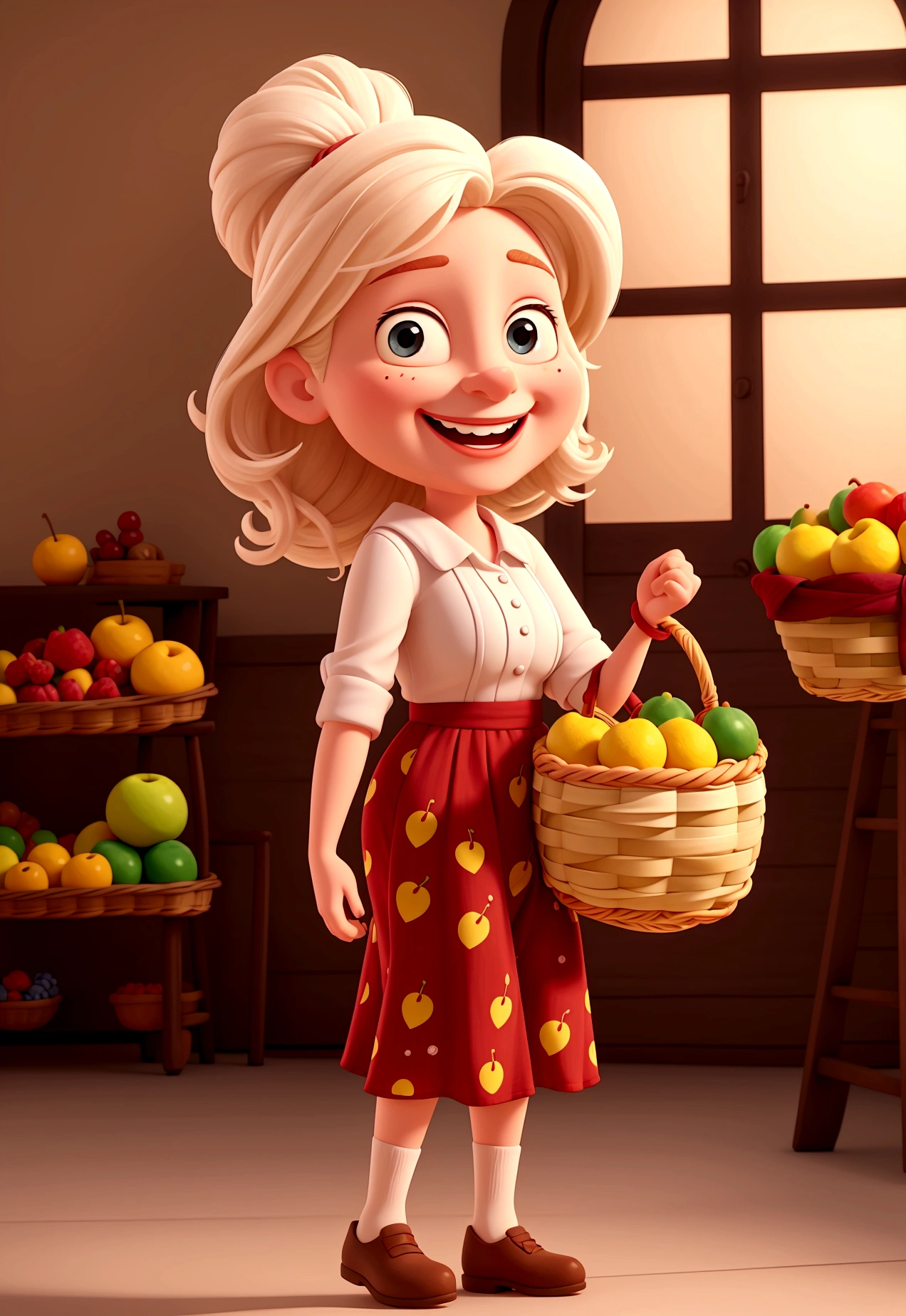 Cartoon character of a happy white woman, Holding a basket of fruit, com avental