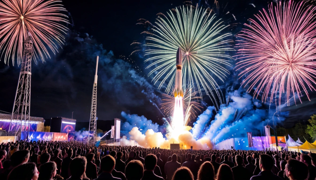 A rocket launch during a celestial festival, with fireworks and glowing decorations. The crowd includes beings from various celestial realms, and the rocket has a festive, radiant design.