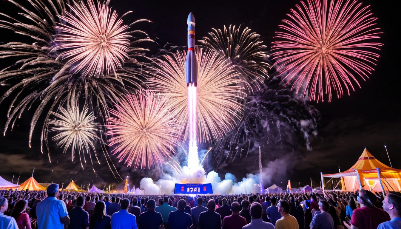 A rocket launch during a celestial festival, with fireworks and glowing decorations. The crowd includes beings from various celestial realms, and the rocket has a festive, radiant design.