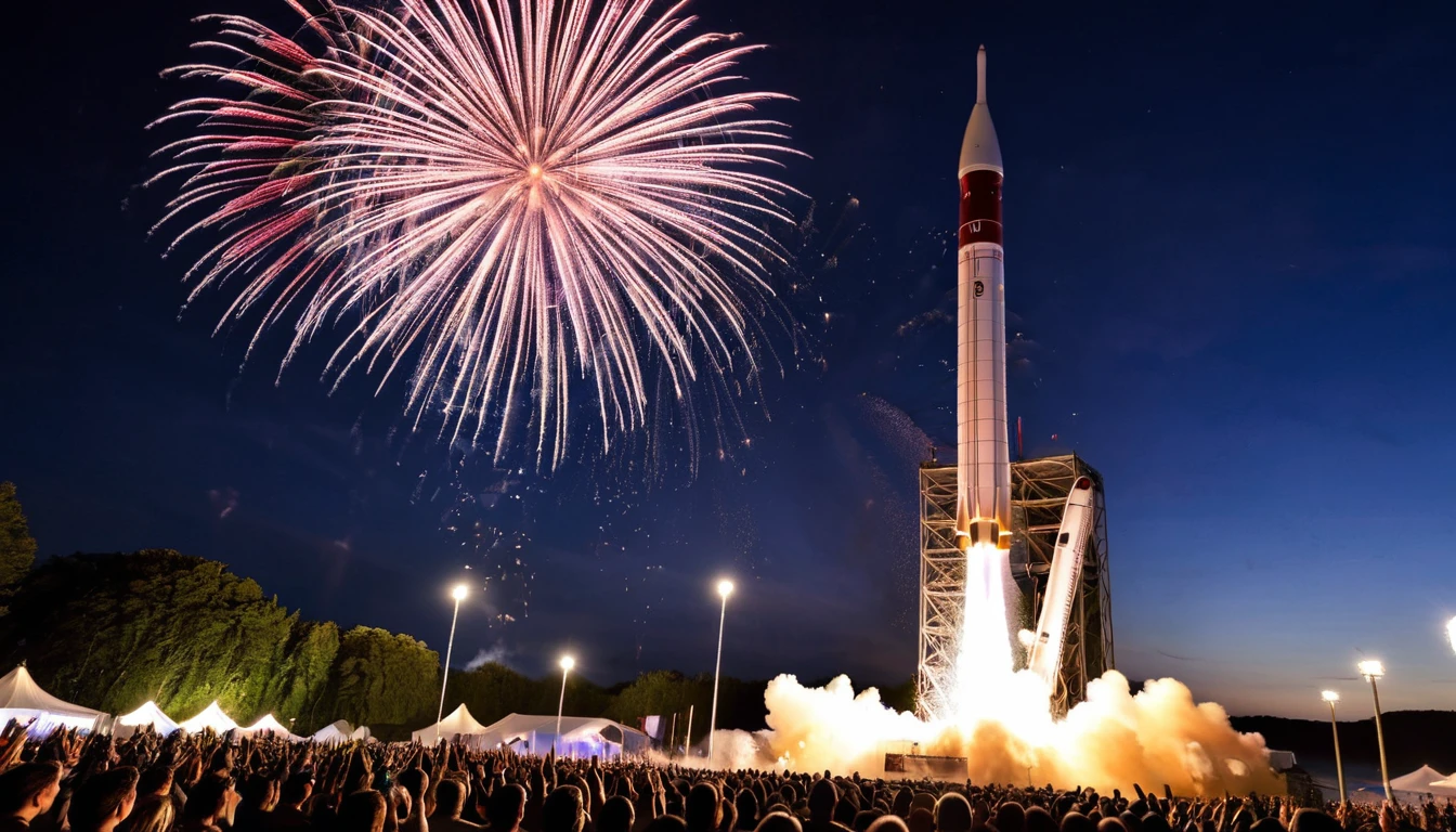 A rocket launch during a celestial festival, with fireworks and glowing decorations. The crowd includes beings from various celestial realms, and the rocket has a festive, radiant design.
