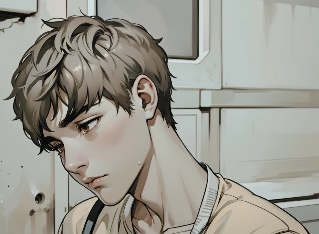 He speaks with sadness. There is a 17-year-old young man, brown hair, brown eyes, he is doubting something, he is in disbelief.