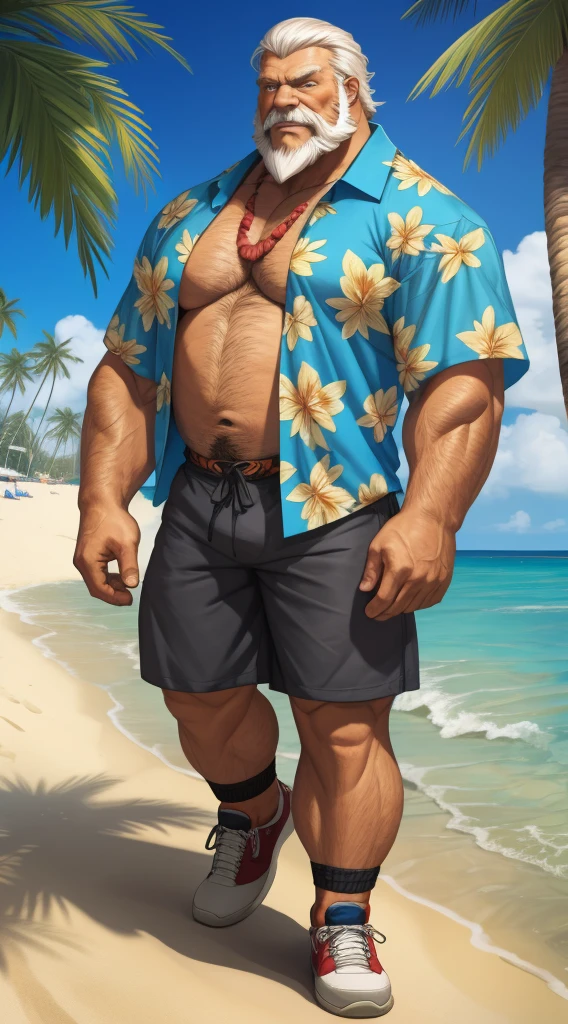 huge muscular old man in street city, old man, thick arm, huge arm, bearded. white hair and beard, bearded, muscular, pectoral, wide pectoral, beach, palm, realistic, 8k, masterpiece, (wearing shorts and white Hawaiian shirt, shoes)