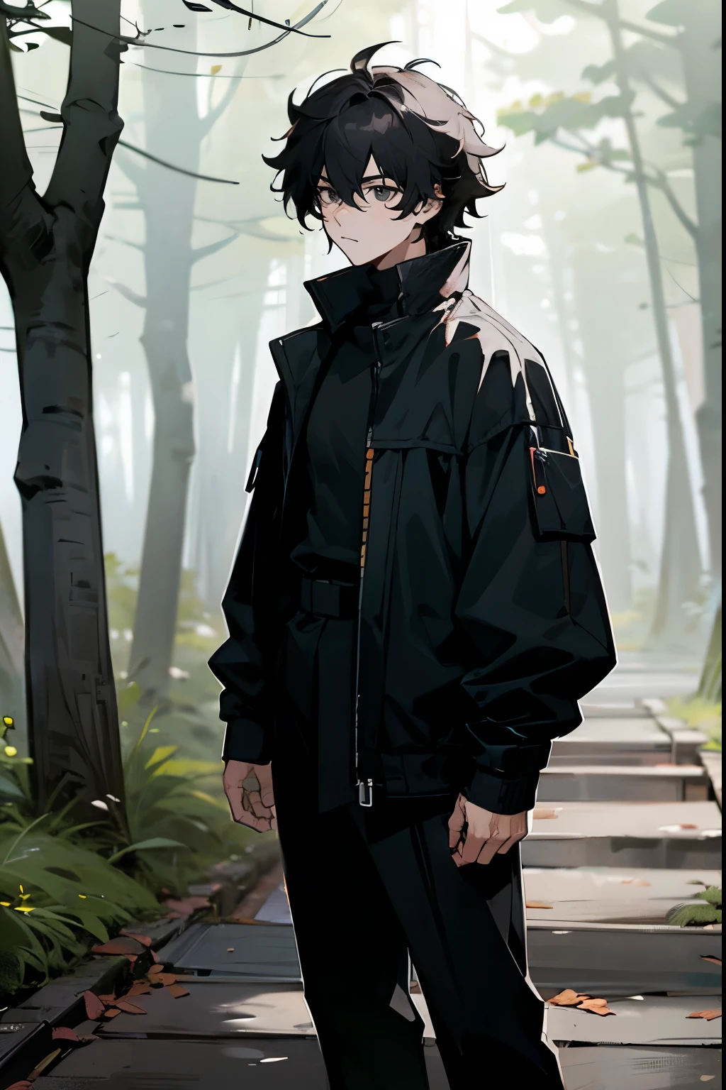 1male , Messy Hair , Medium Length Hair , Lowcut Hair , Black Fitted Clothing , Black Turtleneck Longsleeve Shirt , Jacket , Ninja Clothing , Standing on path , Forest Background , Black Eyes