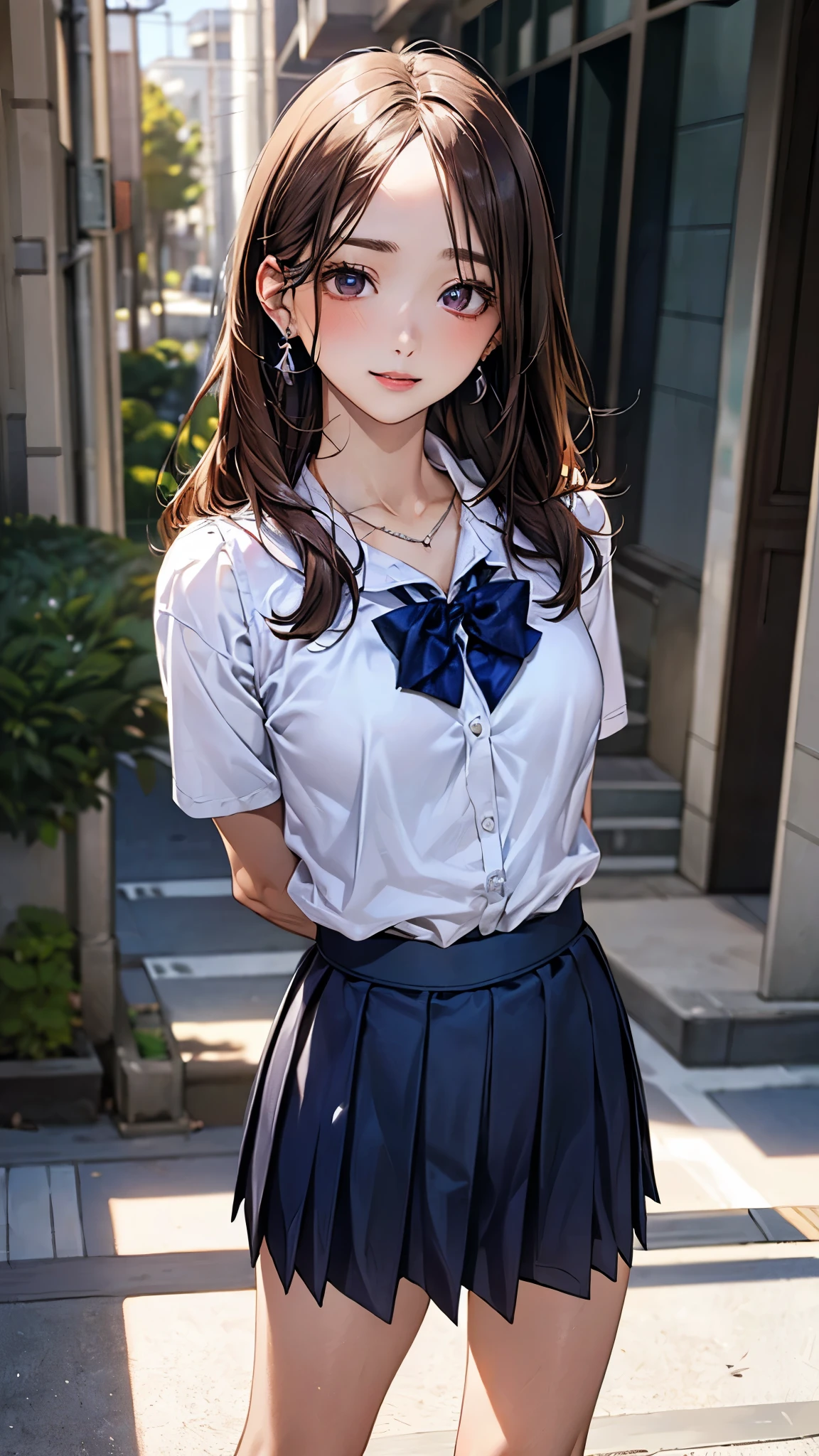 (masterpiece:1.2, top-quality), (realistic, photorealistic:1.4), beautiful illustration, (natural side lighting, movie lighting), nsfw,
beautiful detailed hair, beautiful detailed face, beautiful detailed eyes, beautiful clavicle, beautiful body, beautiful chest, beautiful thigh, beautiful legs, beautiful hands,
looking at viewer, 1 girl, japanese, high school girl, perfect face, cute and symmetrical face, shiny skin,
(long hair, straight hair, brown hair), forehead, gray eyes, slant eyes, big eyes, long eye lasher, (medium breasts), (small ass, thin thighs), slender, outstanding style,
(detailed cloth texture, short sleeve white collared shirt, navy school vest, navy pleated skirt, navy bow tie), earrings, necklace,
(shibari:1.5, (shibari over clothes)), ((arms behind back:1.5), breasts bondage, arms bondage legs bondage),
(beautiful scenery), school hallway (hands on chest, skirt hold), (seductive smile, upper eyes, parted lips),