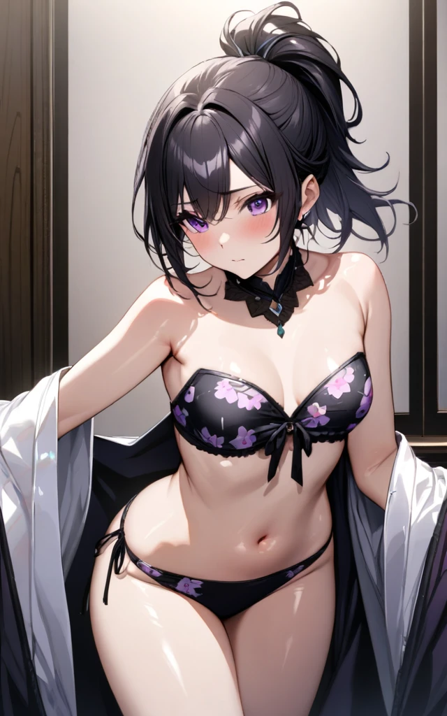 (masterpiece)、(absurdres)、(ultra detailed)、(solo adult lady)、shiny black hair、shiny purple eyes、short highponytail
、1white ribbon:1.1、small breast:0.8、cowboy shot,blush,closed mouth,BREAK,Floral printed strapless bikini:1.3、BREAK,