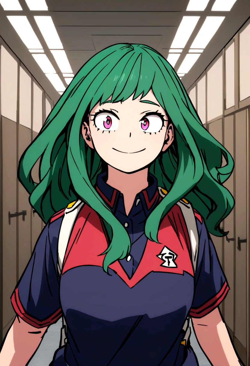 Screenshot of boku no hero academia .
Girl with long wavy green hair with heart-shaped bangs . Pink eyes with a happy expression . He is wearing the UA uniform . While walking through the halls of UA