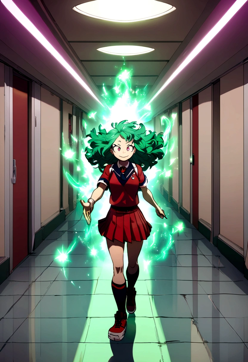 Screenshot of boku no hero academia .
Girl with long wavy green hair with heart-shaped bangs . Pink eyes with a happy expression . He is wearing the UA uniform . While walking through the halls of UA