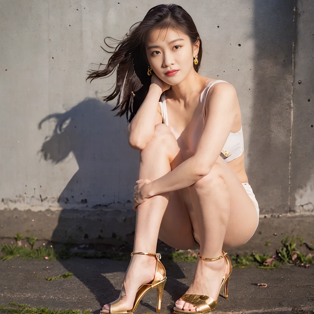 ((Spread legs:1.2)) ,((raise both arm)),(( Inside an abandoned hospital:1.2)), ((leaning against a cracked concrete wall:1.3)),(((gold high heels:1.3))),((Woman with sad expression:1.4))、((erect nipples:1.2)), (Night:1.2), ((Anatomically correct areola)), ((Oily body)) ,((Anatomically correct lower body)), Brown hair ,One Woman, ((Anatomically correct body:1.2)) ,(small areola) ,,( Warm lighting:1.2) , jaw-dropping beauty、A smile、masutepiece, Best Quality, Photorealsitic, Raw photo、8K, High resolution, Detailed skin, 8K UHD, Digital SLR, Soft lighting, High quality, Film grain, FujifilmXT3, Fog:1.2