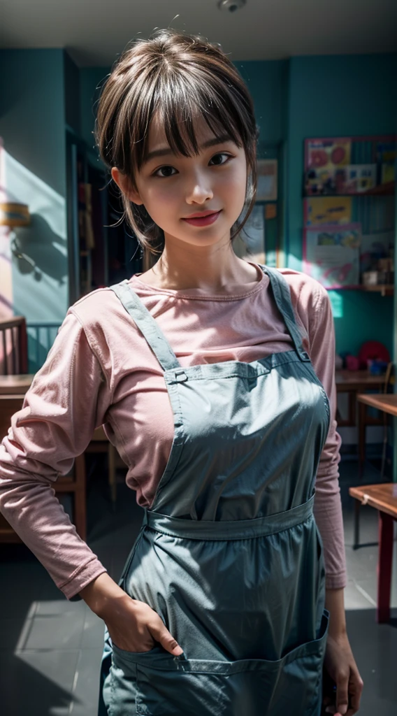 Browsing Caution:1.35、close range、Beautiful woman、cute、((Female ry Teacher))、smile、Extra Very Short Hair、((Delicate photo))，(Detailed RAW photos of girls), (Tabletop:1.0), (Highest quality:1.6), (Ultra-high resolution:1.5), (Realistic:1.75), 8K resolution, Absurd, Ultra-detailed,Cinema Lighting,、nursed、((Wearing an apron:1.2))、(Hairstyle with bangs)、Long sleeve T-shirt、((Colorful kids room:1.1))、((Lots of toys:1.))、Pleated skirt、((cute壁紙の部屋))、