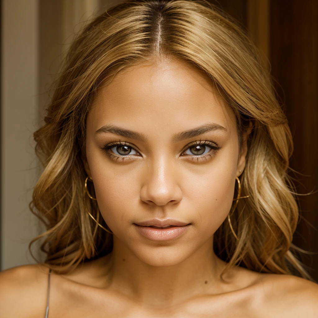 light skin biracial woman with golden blond hair and light brown eyes