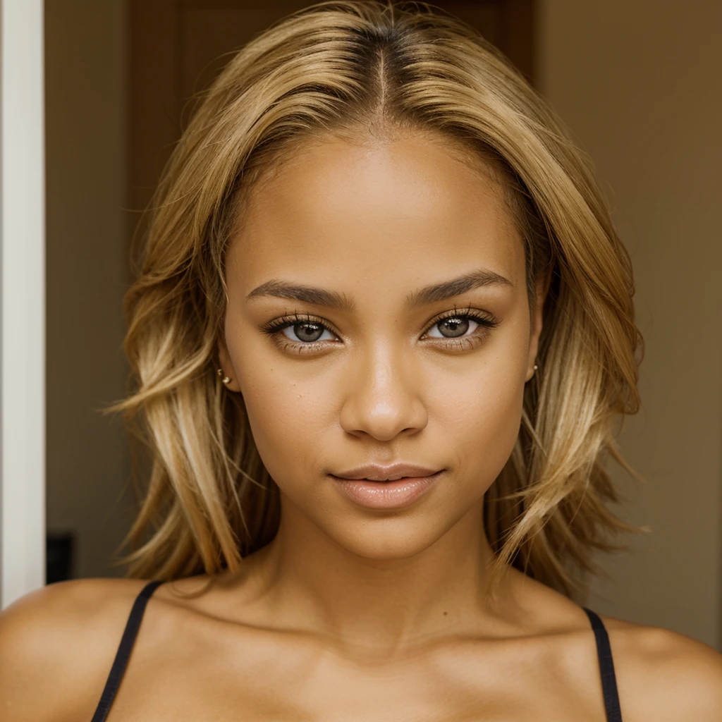 light skin biracial woman with golden blond hair and light brown eyes