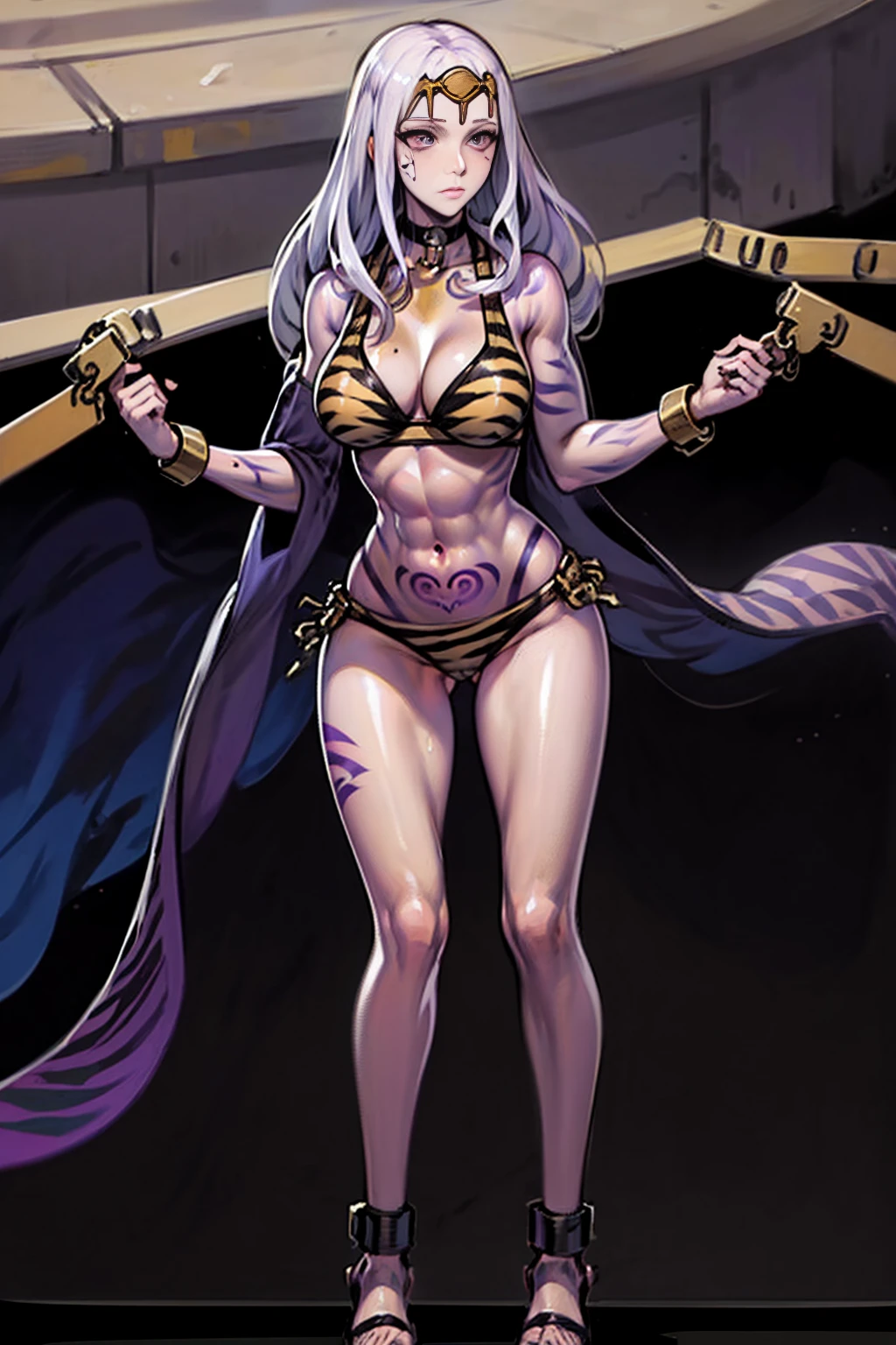 ((Masterpiece, whole body,ultra detailed,illustration,beautiful,amazing)), 1 girl, Celica fire emblem, Celica, (Sex slave tattoo on navel., ABS, exposed stomach, shackles on hands and legs, Black choker on the neck, standing straight, high heels, long white hair, purple eyes, yellow tiger striped bikini)