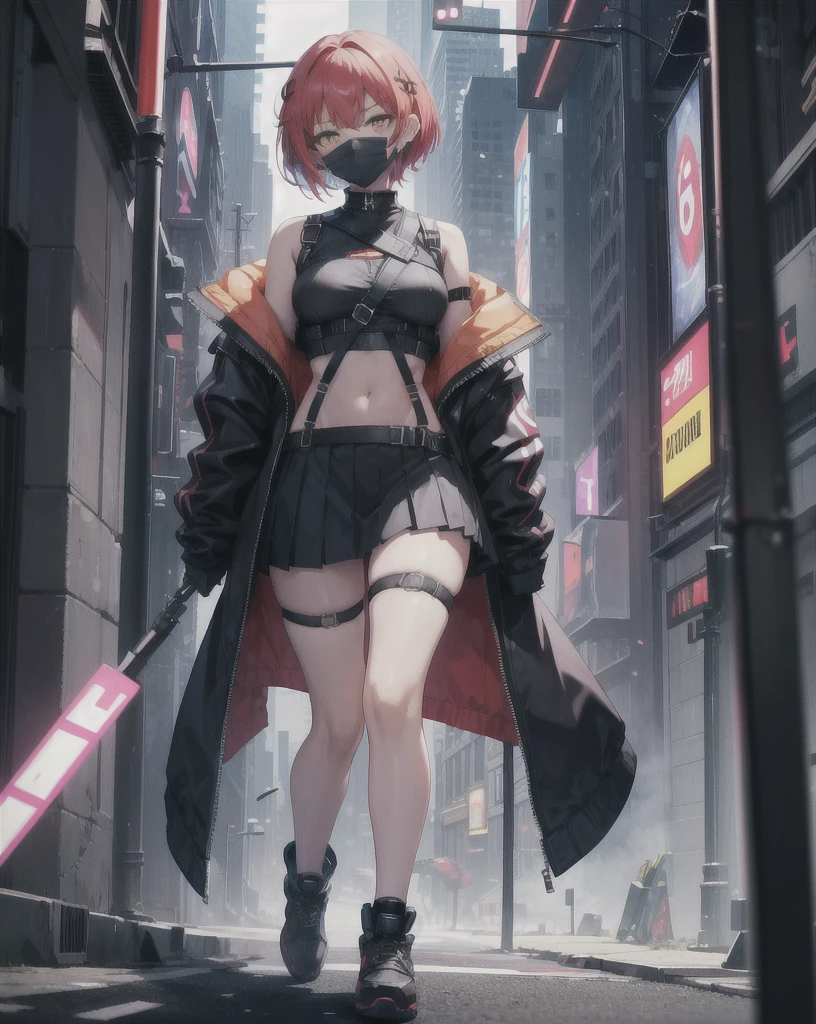 masterpiece, best quality, tall, clearire2, 1girl, Sister Cleaire, Only, cyber style girl, cyberpunk, short hair, dark skinned girl, freckles, open sexy clothes, black skirt, Black stockings, long sleeves, chest harness, black shirt, two sides up, bangs, crop top, miniskirt, Shoes, futuristic headphone, O-Ring, midriff, red hair, blue and yellow eyes, off shoulder, big breasts, thigh strap, pleated skirt, eye braces, perfect eyes, cropped shirt, street, mask, standing