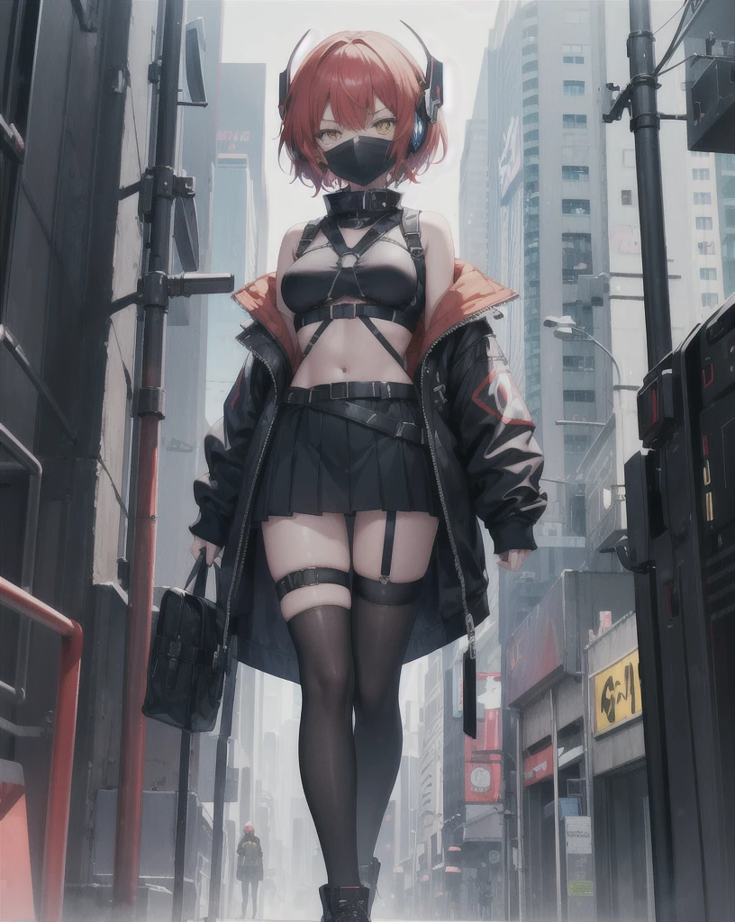 masterpiece, best quality, tall, clearire2, 1girl, Sister Cleaire, Only, cyber style girl, cyberpunk, short hair, dark skinned girl, freckles, open sexy clothes, black skirt, Black stockings, long sleeves, chest harness, black shirt, two sides up, bangs, crop top, miniskirt, Shoes, futuristic headphone, O-Ring, midriff, red hair, blue and yellow eyes, off shoulder, big breasts, thigh strap, pleated skirt, eye braces, perfect eyes, cropped shirt, street, mask, standing