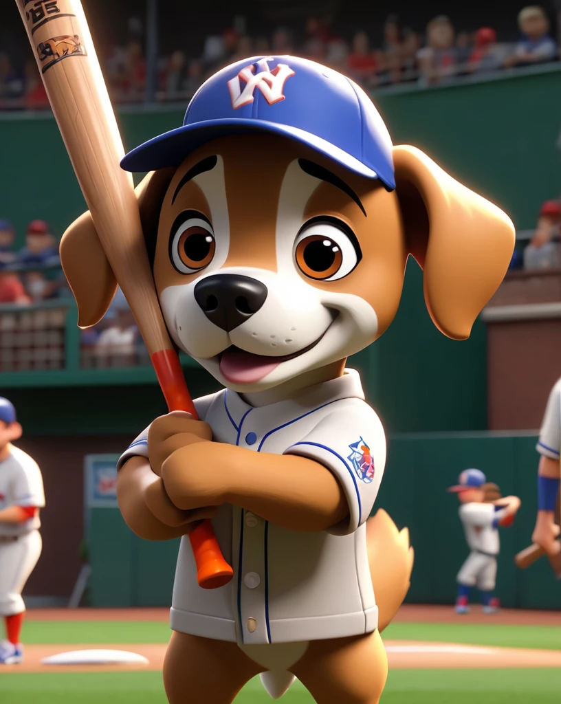 Wearing a baseball cap、Cartoon Dog Holding a Baseball Bat, centerede, centerd, CG Render, center, Cinematic, cartoon network stillframe, Official Fan Art, Created with Illustrator, Official Art, wallpaper!, centerframe, Sports team mascots, center of image, CG Nation, Coherent makeup, character, Games and Clocks, Cel shade!!!