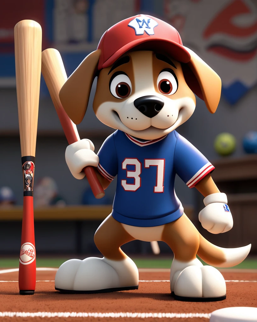 Wearing a baseball cap、Cartoon Dog Holding a Baseball Bat, centerede, centerd, CG Render, center, Cinematic, cartoon network stillframe, Official Fan Art, Created with Illustrator, Official Art, wallpaper!, centerframe, Sports team mascots, center of image, CG Nation, Coherent makeup, character, Games and Clocks, Cel shade!!!