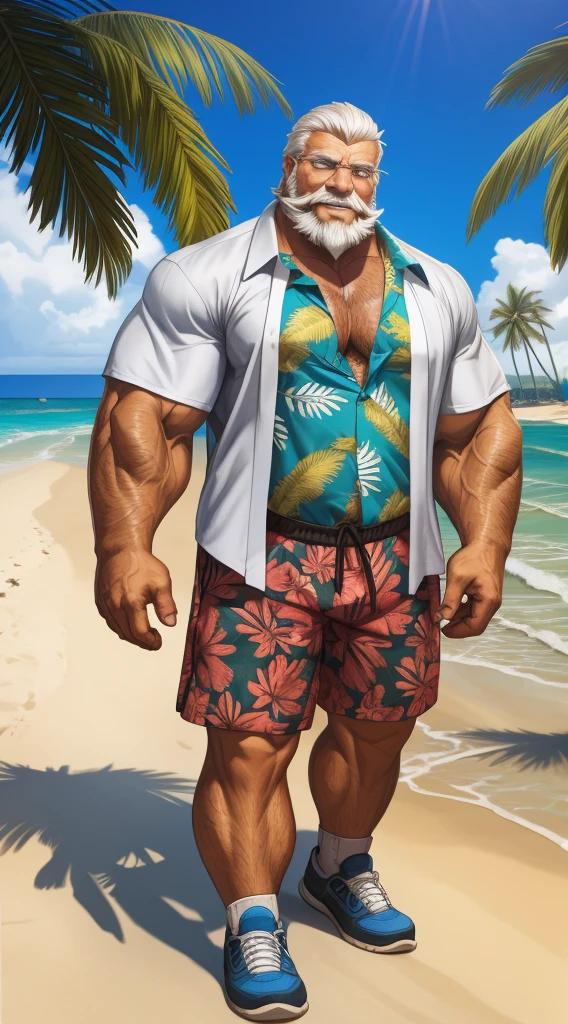 huge muscular old man in street city, old man, thick arm, huge arm, bearded. white hair and beard, bearded, (muscular, pectoral, wide pectoral, thick arms), beach, palm, realistic, 8k, masterpiece, (wearing shorts and white Hawaiian shirt, shoes)